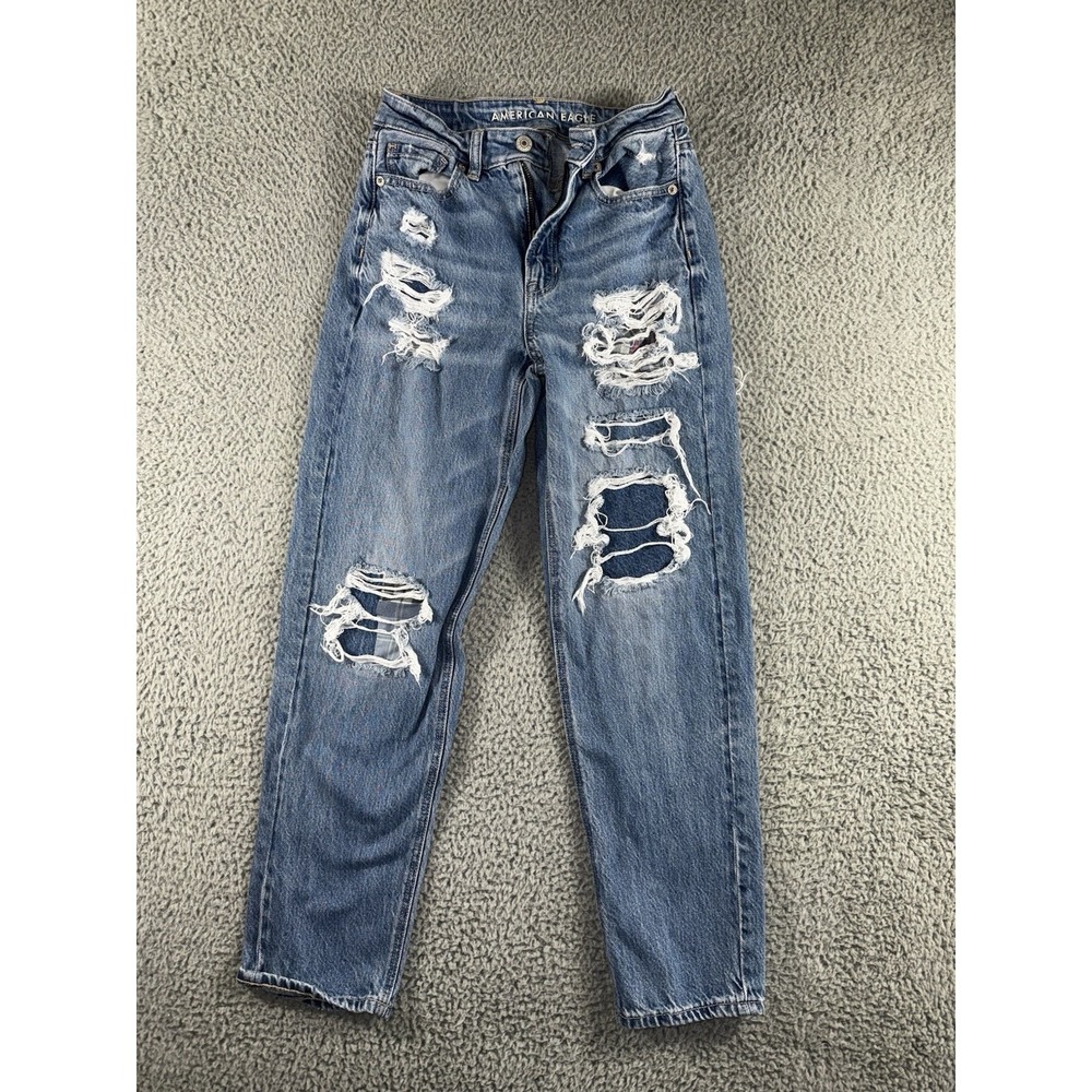 American Eagle Jeans Women‎ 0 Hi Rise Tapered Leg Relaxed Distressed Plaid Patch